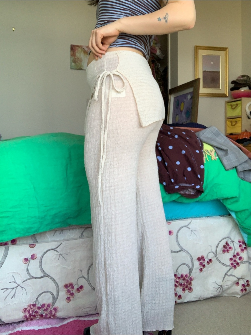 Zara Cream Wide-Leg Knit Wrap-Waist Pants